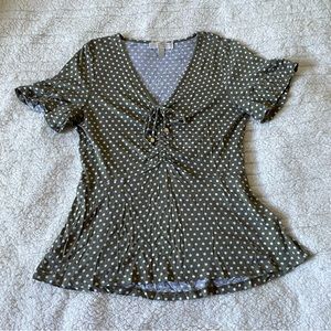 MICHAEL Michael Kors Olive Green and White Polka Dots Fit and Flare V Neck Top